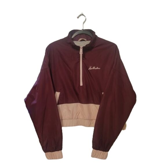 Hollister Womans Windbreaker Cropped Maroon L 1/4 Zip w/ Pockets - Picture 1 of 7